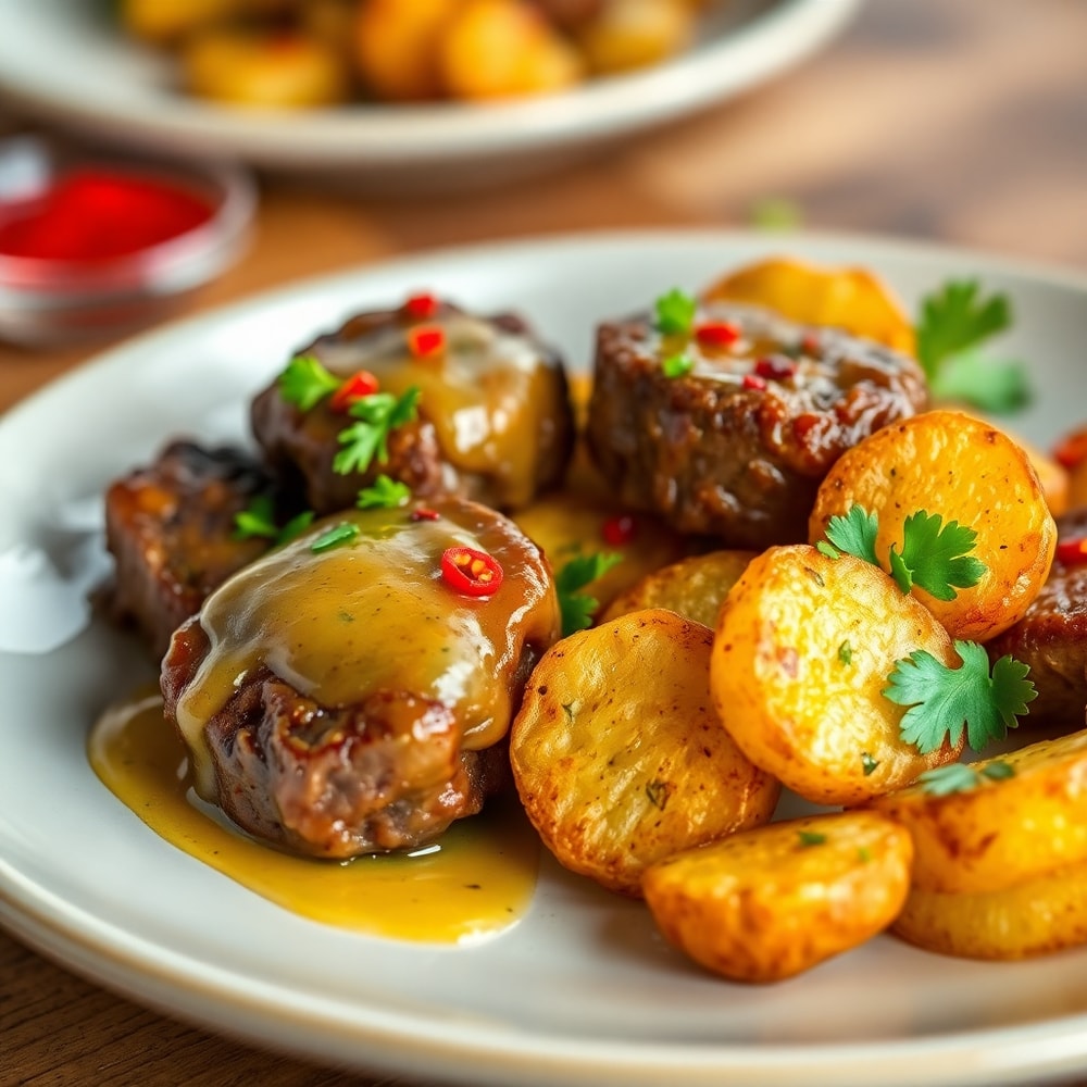 Plated Garlic Butter Steak Bites with Crispy Potatoes