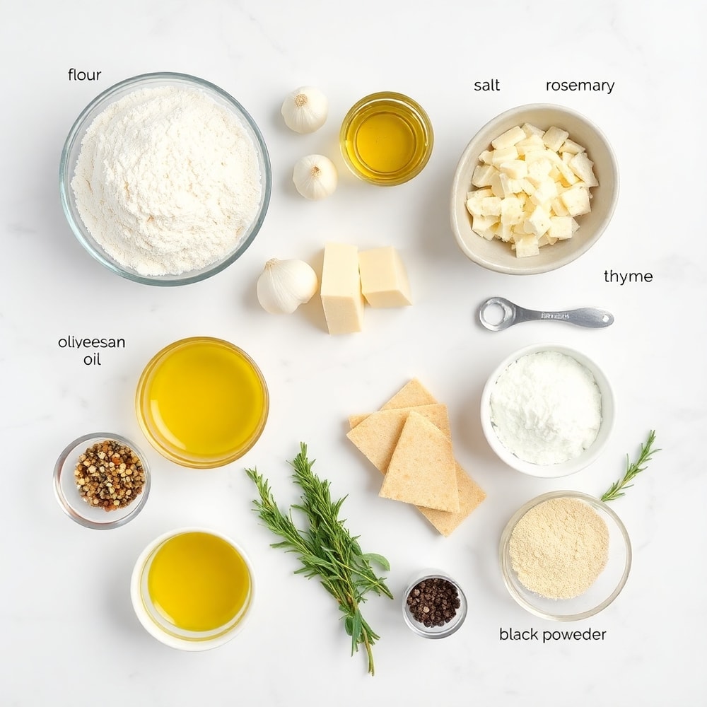 Raw ingredients for Garlic Parmesan Focaccia: flour, yeast, garlic, Parmesan, olive oil, salt