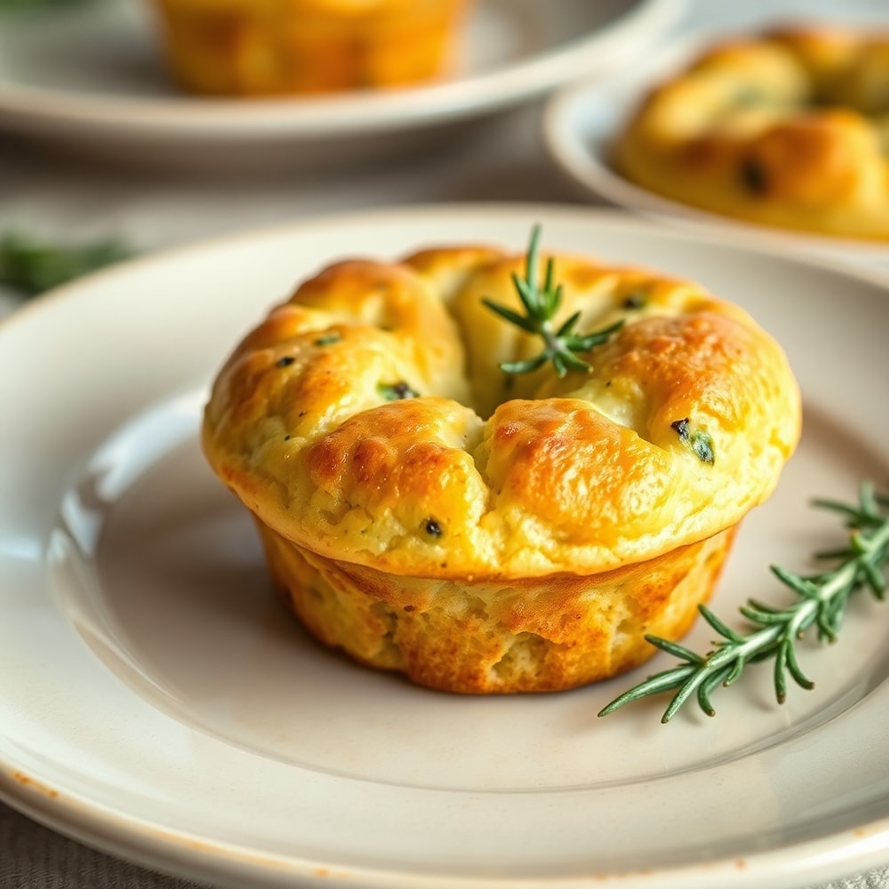 Garlic Rosemary Focaccia Muffins plated with fresh rosemary garnish