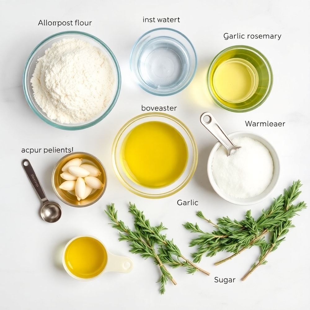 Raw ingredients for Garlic Rosemary Focaccia Muffins including flour, yeast, garlic, and rosemary