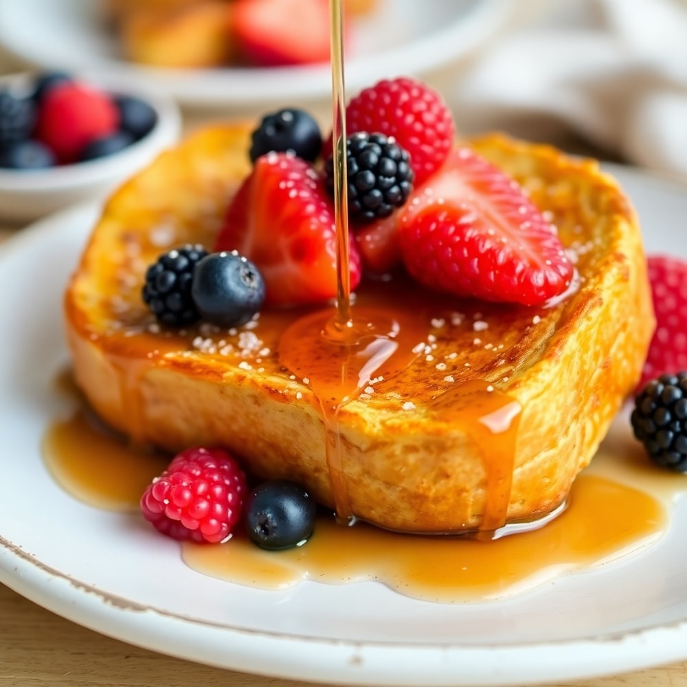 Golden French Toast plated with maple syrup and fresh berries
