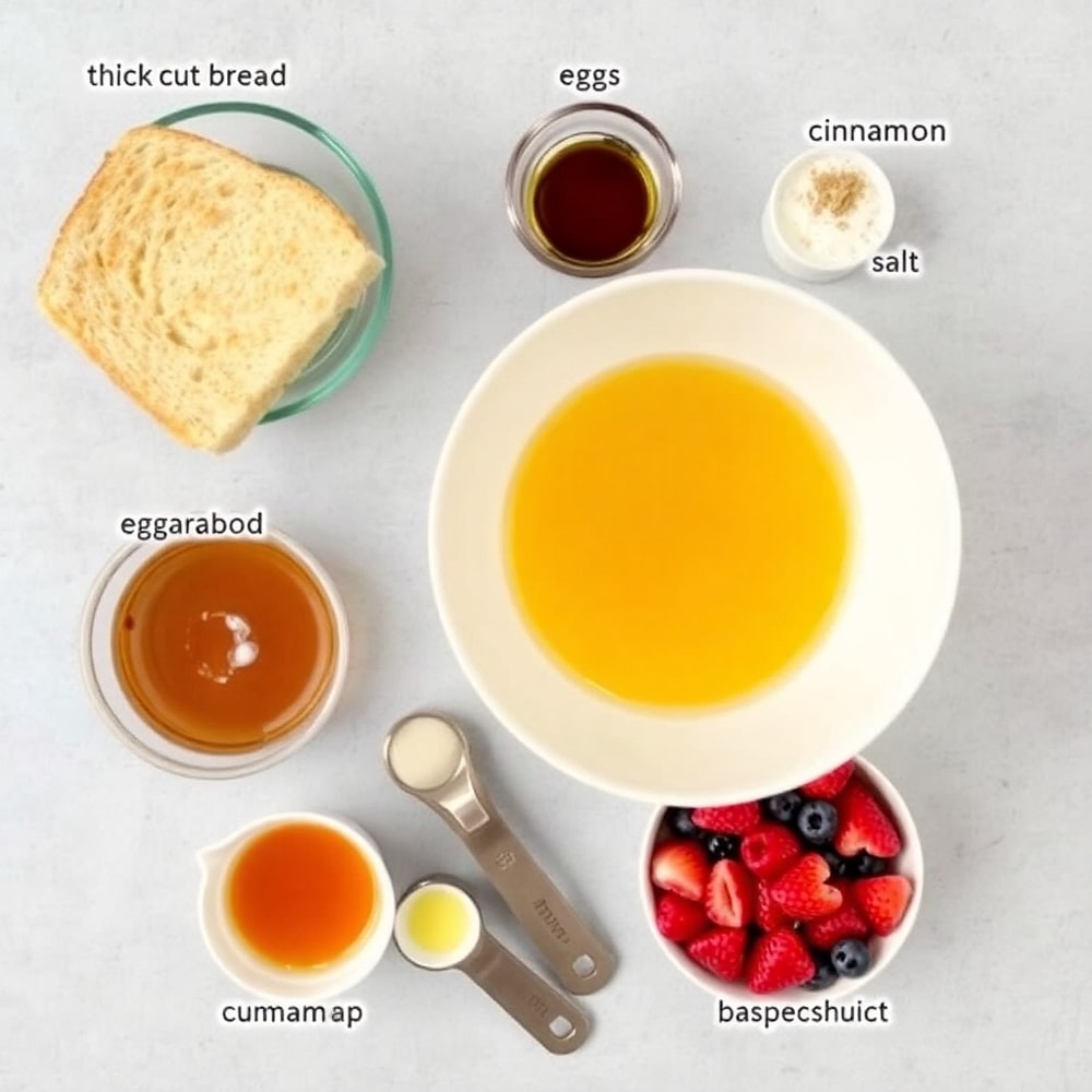 Ingredients for Golden French Toast: bread, eggs, milk, vanilla, cinnamon, salt, butter, maple syrup, fresh berries