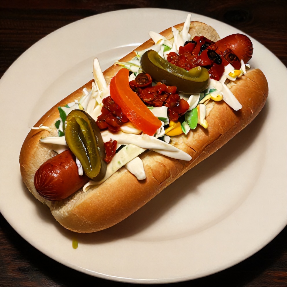 Plated gourmet hot dog with all 10 toppings