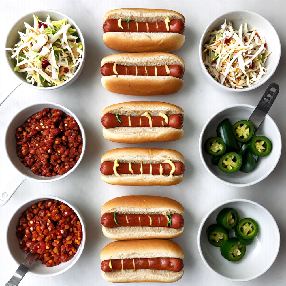 Raw ingredients for gourmet hot dog toppings on a marble surface