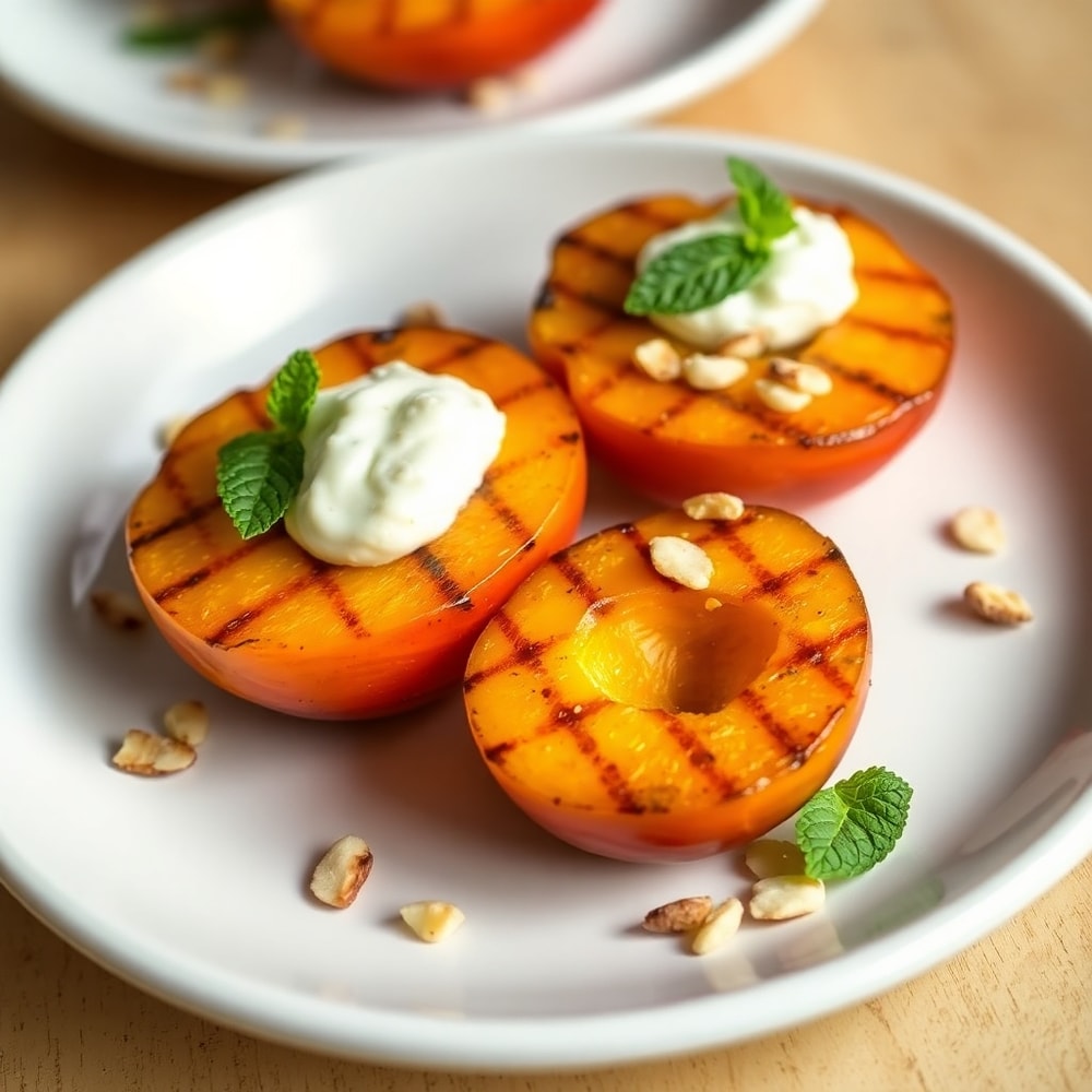 Grilled peaches with cinnamon honey ricotta served on a white plate