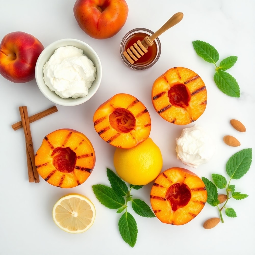 Raw ingredients for grilled peaches with cinnamon honey ricotta on a marble surface