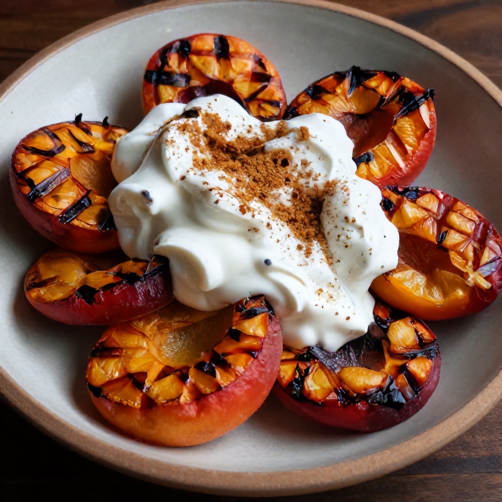Plated serving of grilled peaches with Greek yogurt and a sprinkle of cinnamon