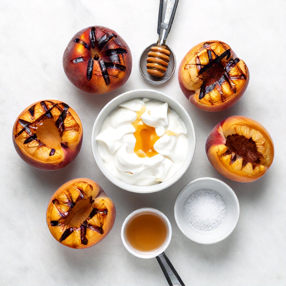 Raw ingredients for grilled peaches with Greek yogurt on a white marble surface