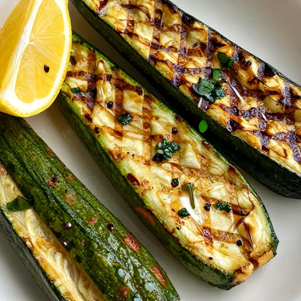 Plated grilled zucchini with lemon wedge and fresh herbs