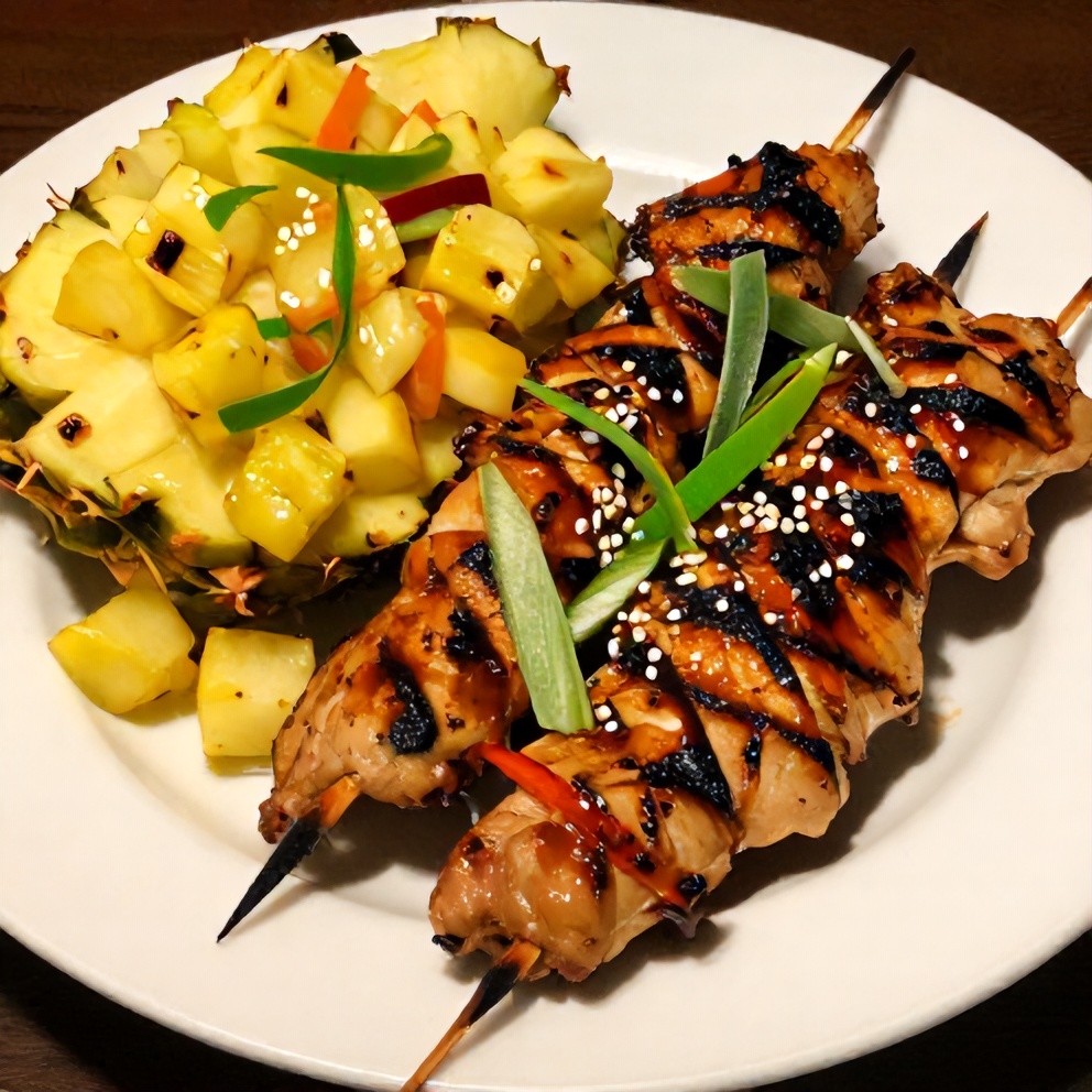 Plated Hawaiian Huli Huli Chicken Kebabs with pineapple salsa