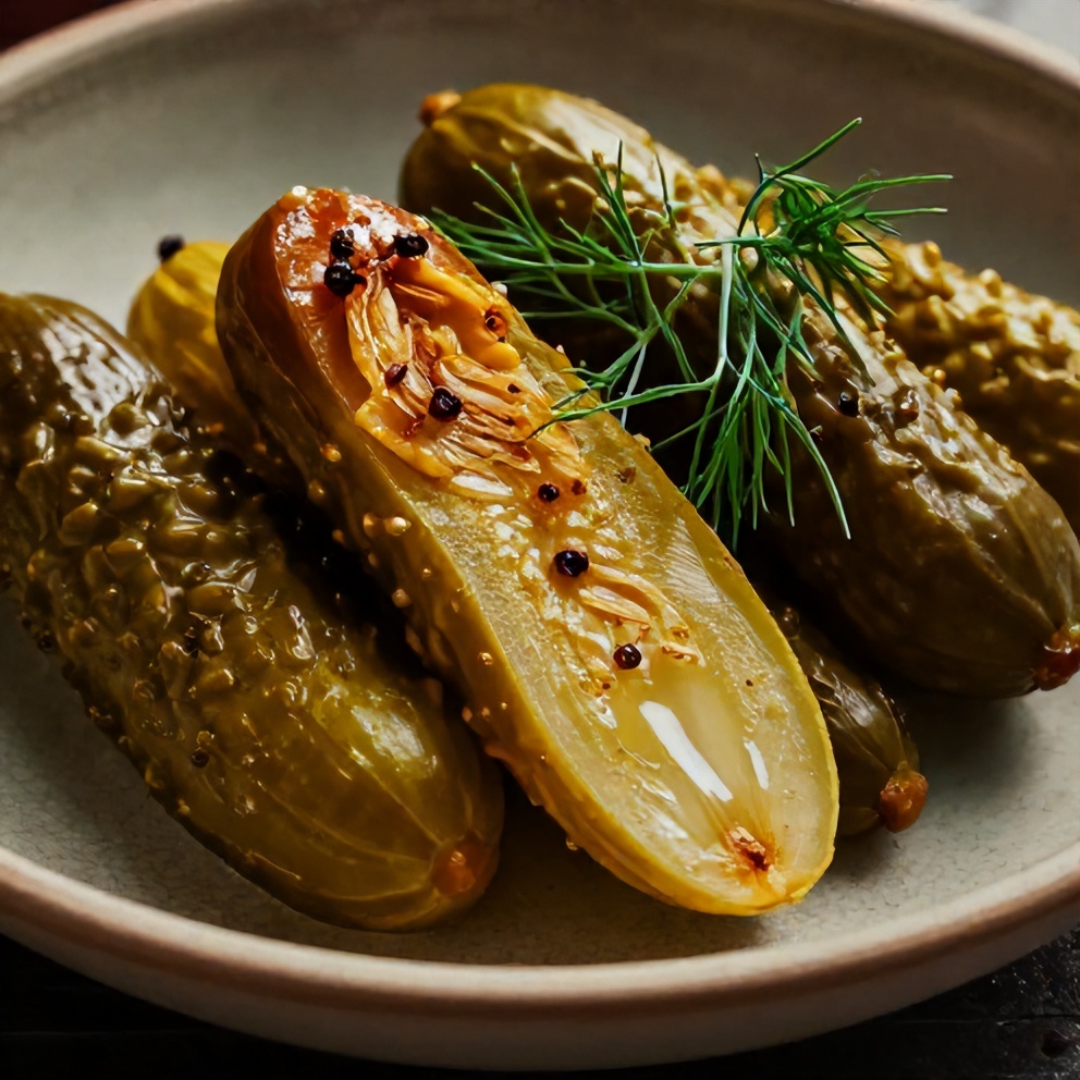 Plated serving of Healthy Fermented Dill Pickles with fresh dill