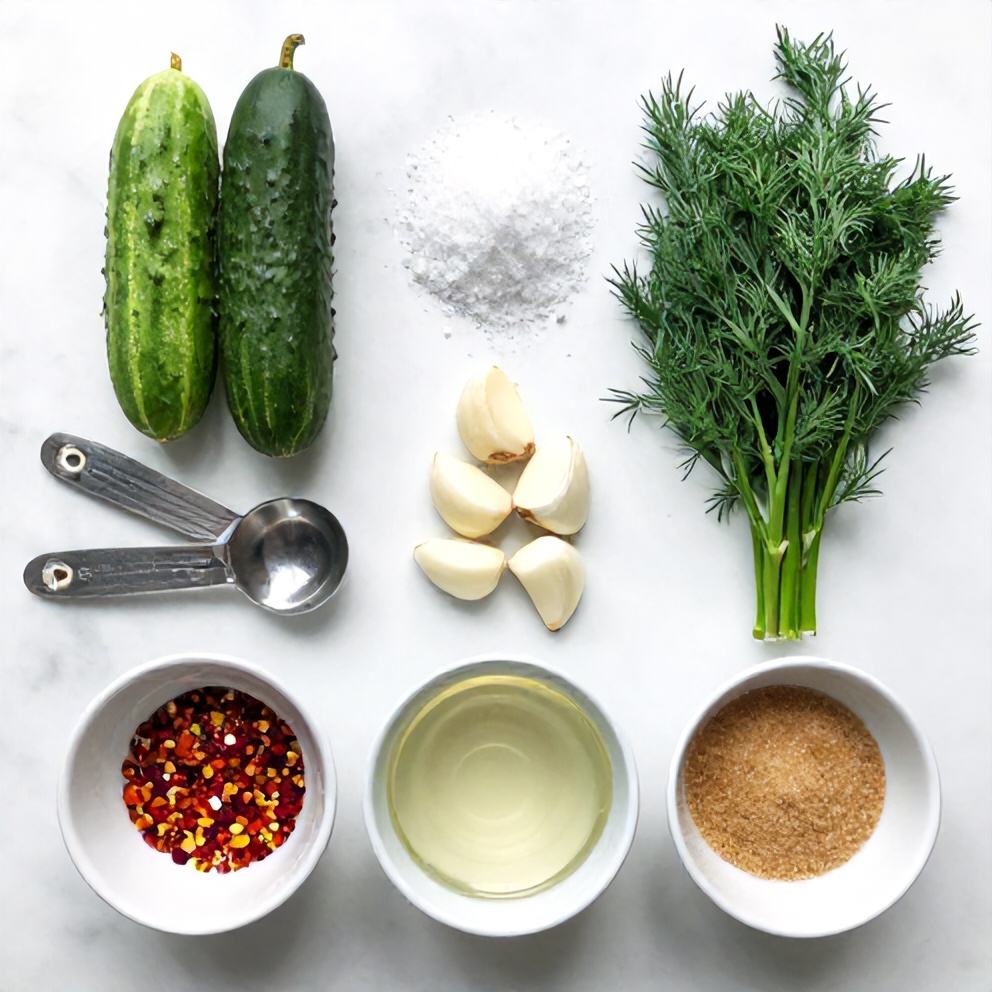 Raw ingredients for Healthy Fermented Dill Pickles on a marble surface
