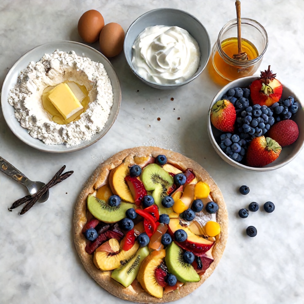 Raw ingredients for Healthy Fruit Pizza on a marble surface