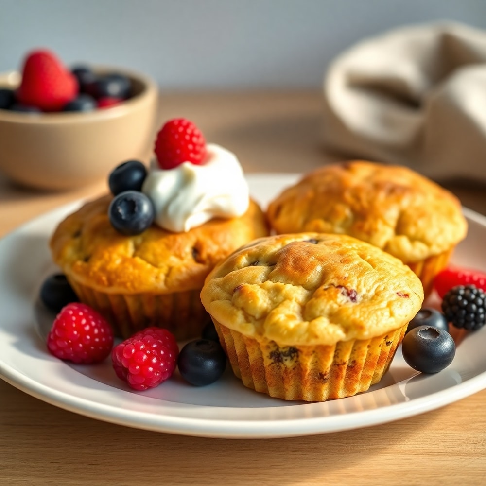 High Protein Pancake Muffins with a dollop of Greek yogurt