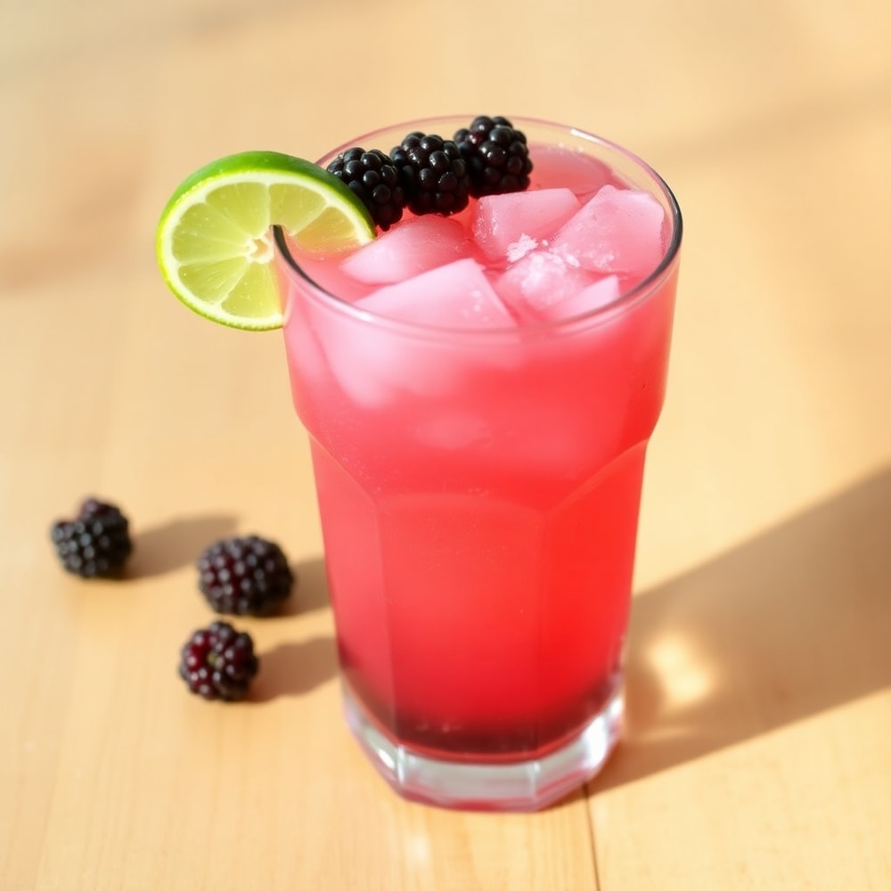 Homemade Blackberry Coconut Pink Drink in a glass with a slice of lime and a straw