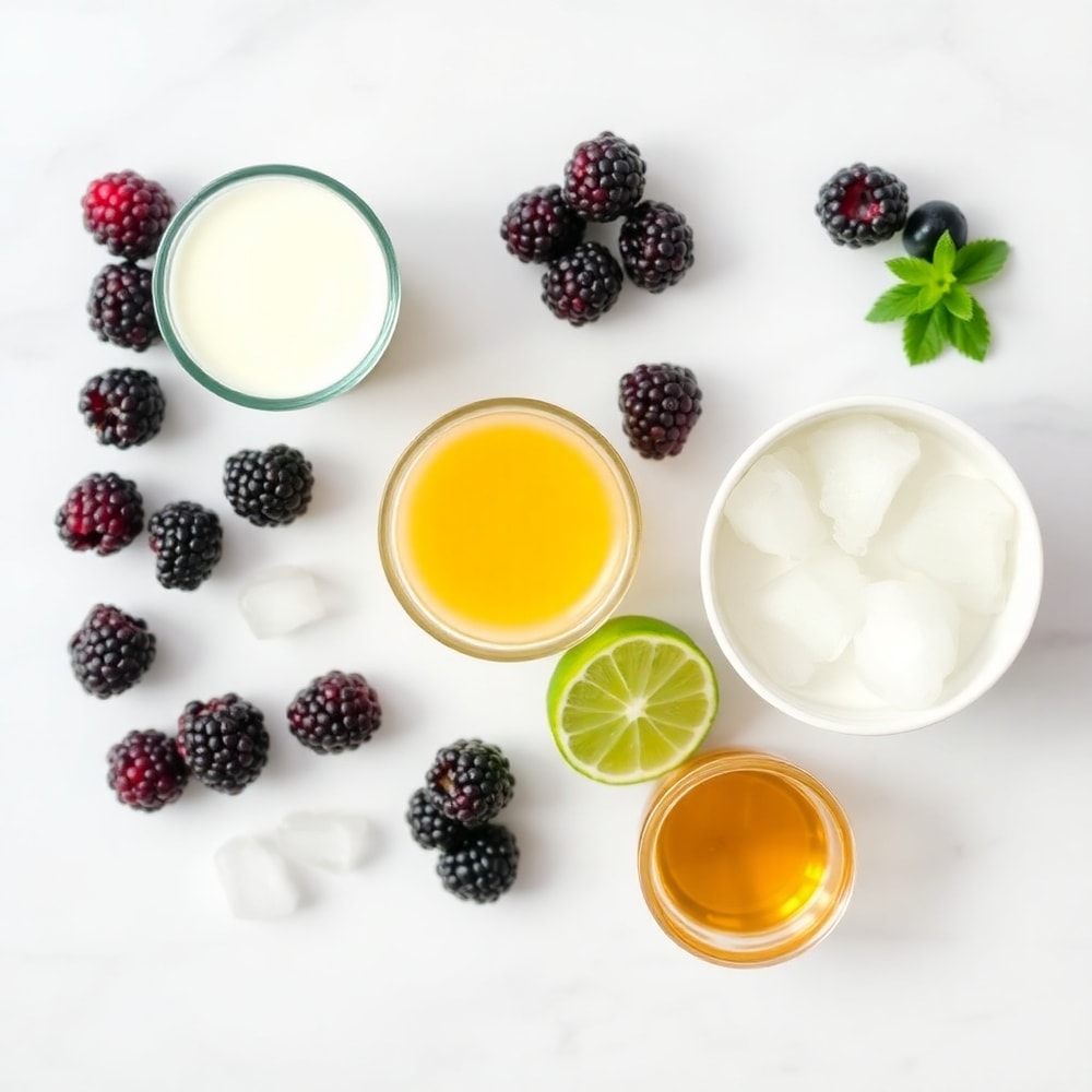 Raw ingredients for Homemade Blackberry Coconut Pink Drink arranged in a flat lay