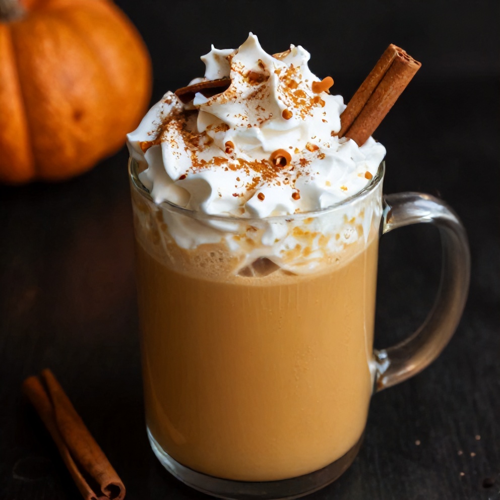 Homemade pumpkin spice latte in a mug with a cinnamon stick