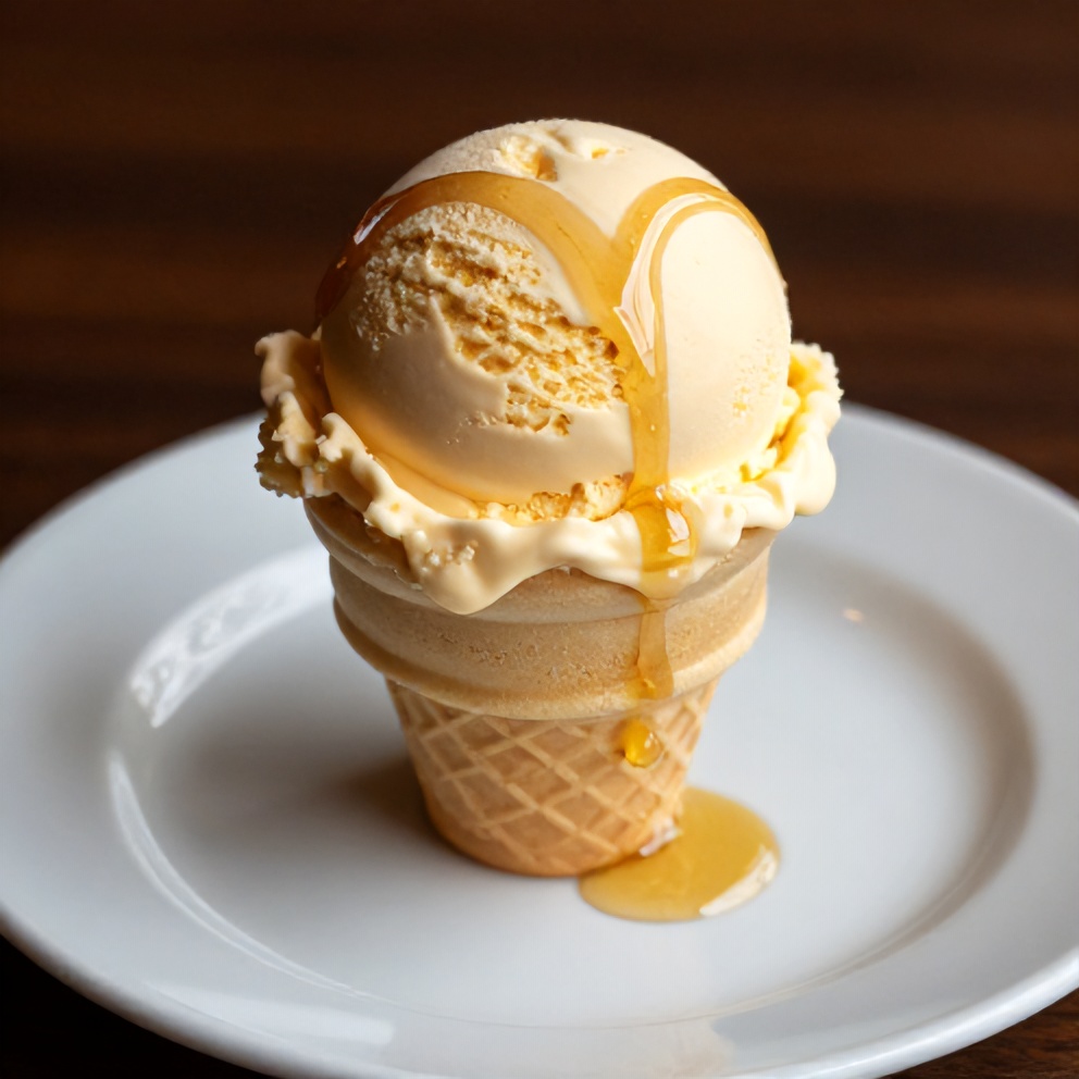 Honey lavender ice cream scooped into a cone with a drizzle of honey
