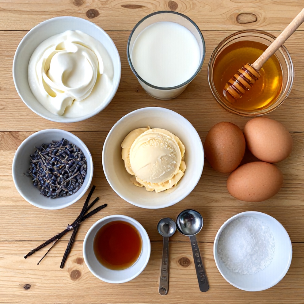 Ingredients for honey lavender ice cream laid out on a wooden surface