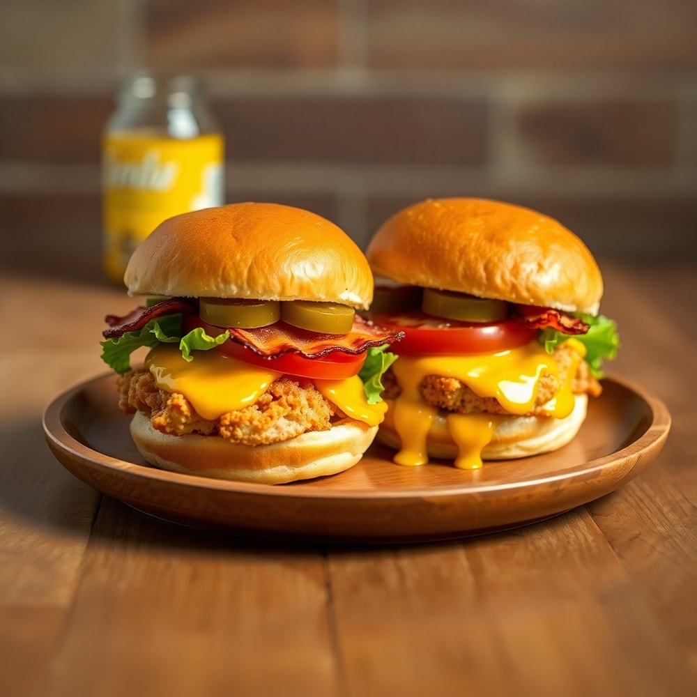 Honey Mustard BLT Chicken Sliders on a plate with a side of fries