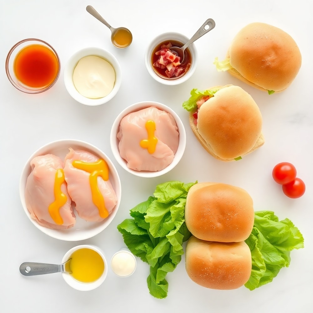 Raw ingredients for Honey Mustard BLT Chicken Sliders on a marble surface