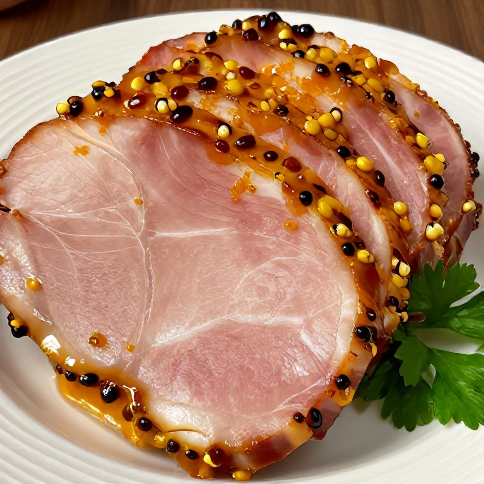 Close-up of Honey Mustard Glazed Ham slice on a plate, garnished with parsley