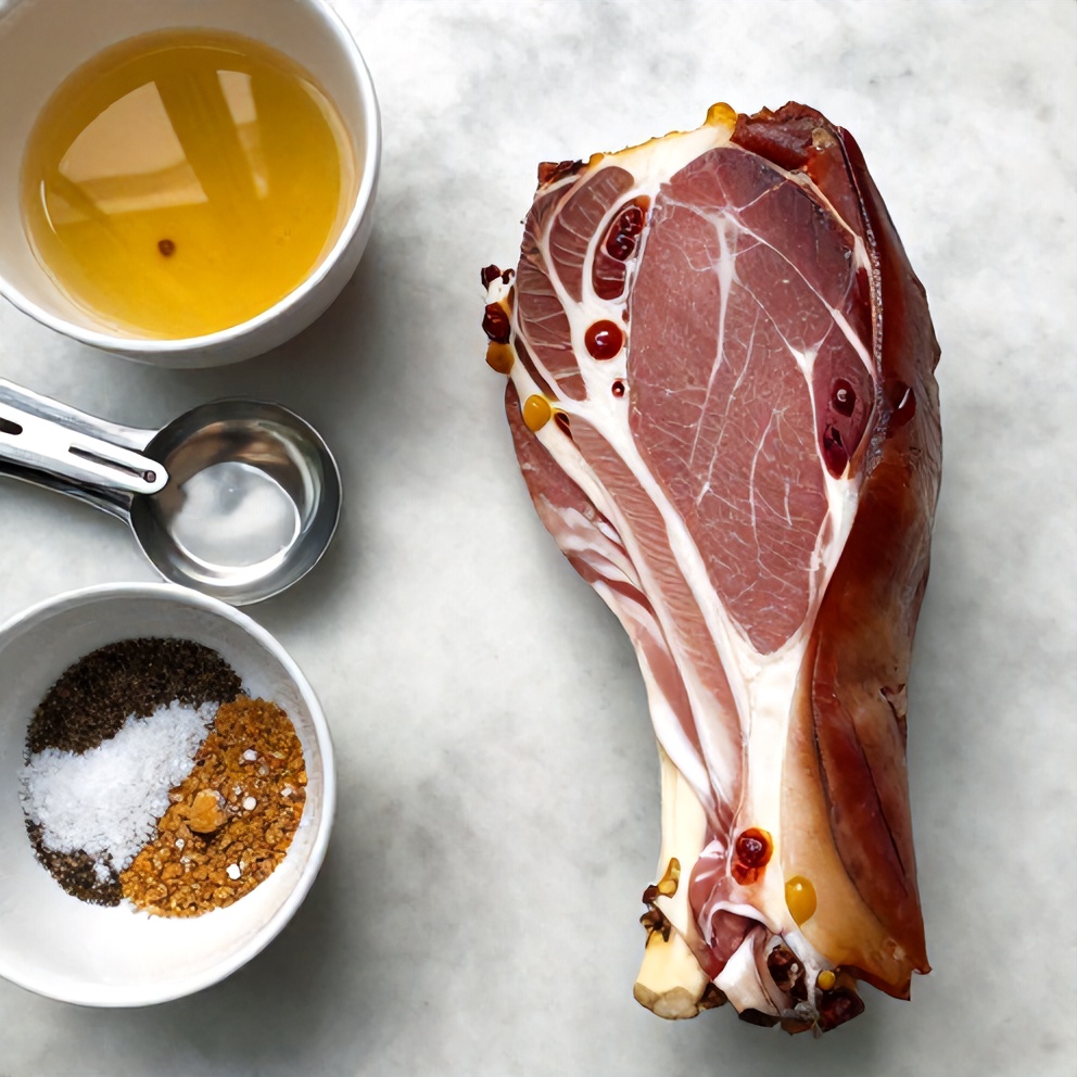 Ingredients for Honey Mustard Glazed Ham laid out on a marble countertop