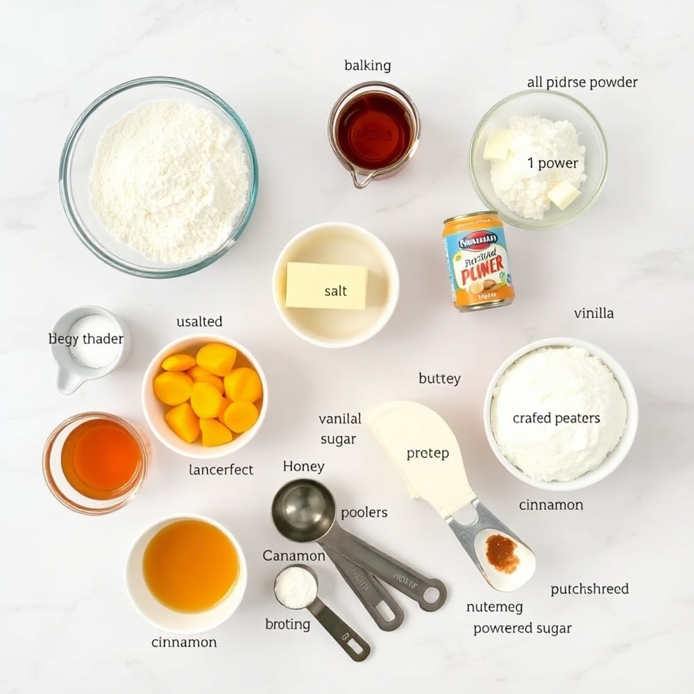 Ingredients for Honey Peach Cream Cheese Cupcakes on a marble counter