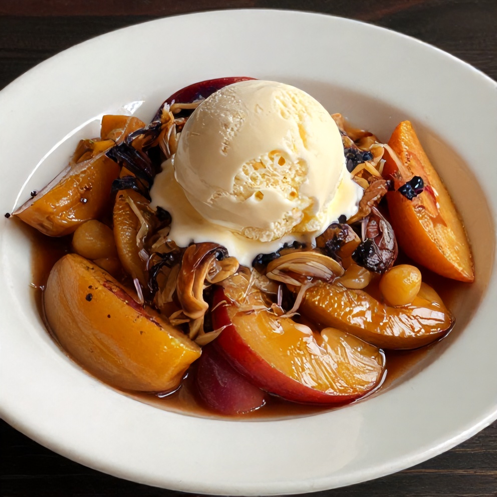 Plated serving of Hot Peach Cobbler with a scoop of vanilla ice cream
