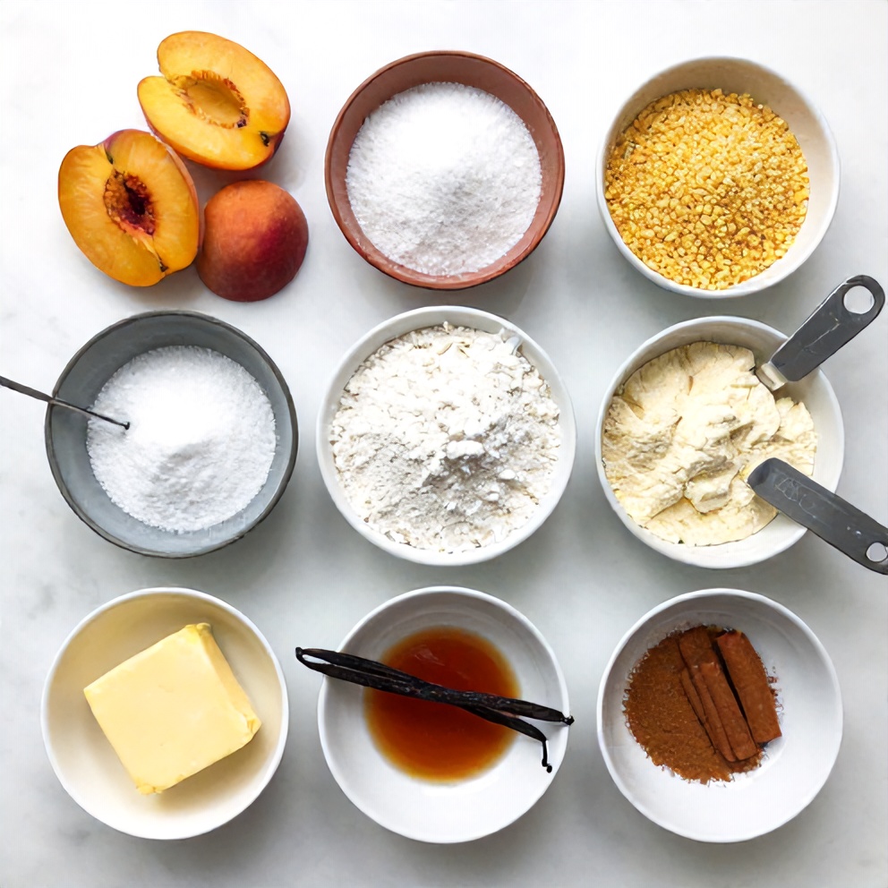 Raw ingredients for Hot Peach Cobbler arranged in a flat lay