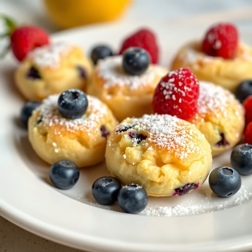 Plated Lemon Blueberry Cottage Cheese Pancake Bites