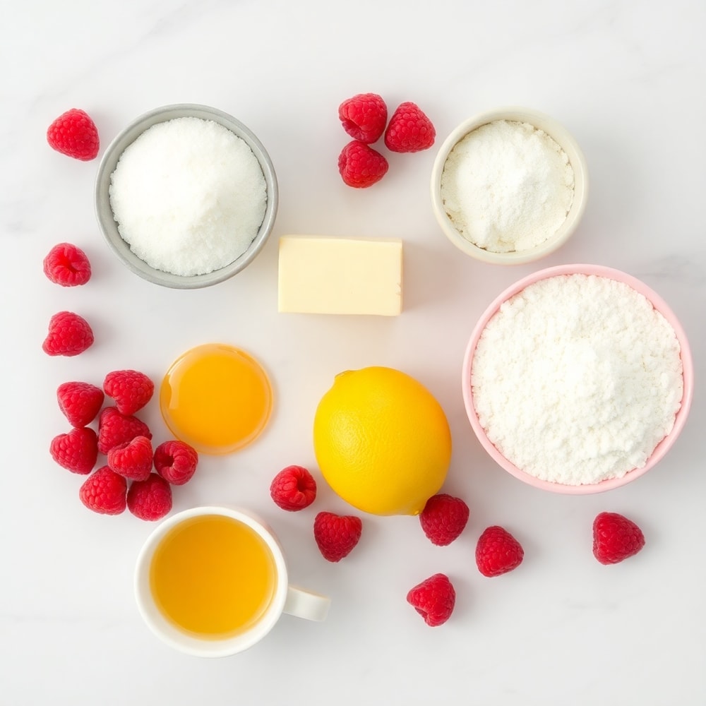 Lemon Raspberry Bars ingredients on a white marble surface