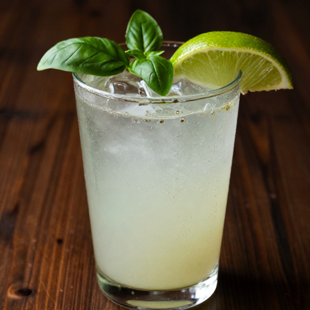 Glass of Lemongrass & Basil Lime Sparkling Soda with condensation on the glass and a straw