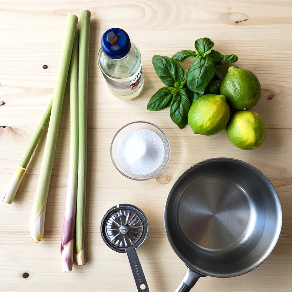 Ingredients for Lemongrass & Basil Lime Sparkling Soda laid out on a wooden surface