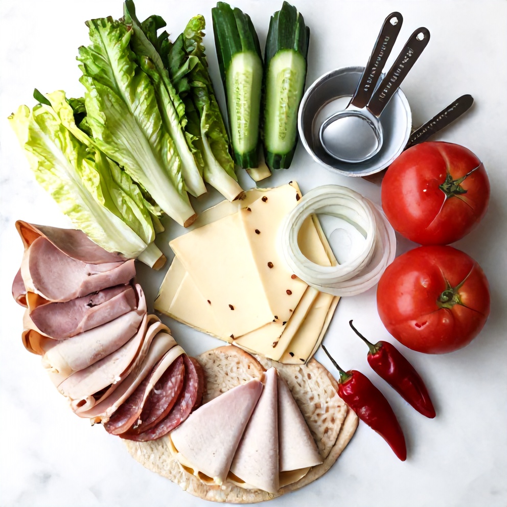 Raw ingredients for low carb italian sub wrap on a marble surface