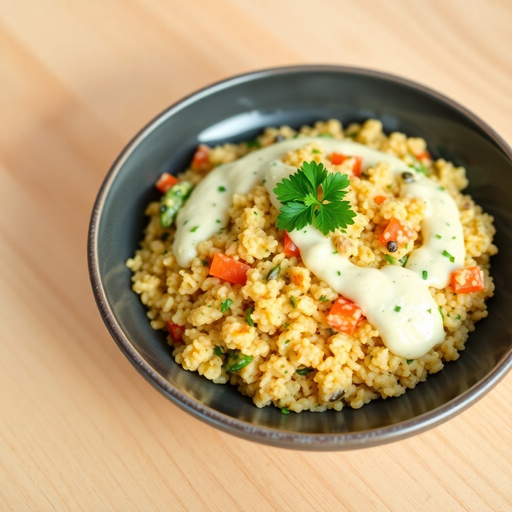Plated Creamy Garlic Mediterranean Quinoa Bowl
