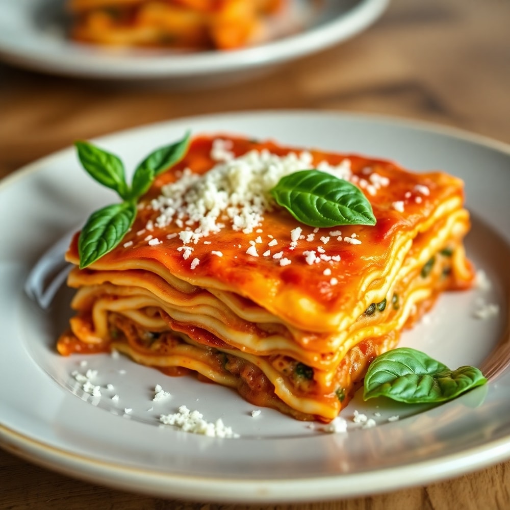 Plated serving of Million Dollar Lasagna with fresh basil and grated Parmesan
