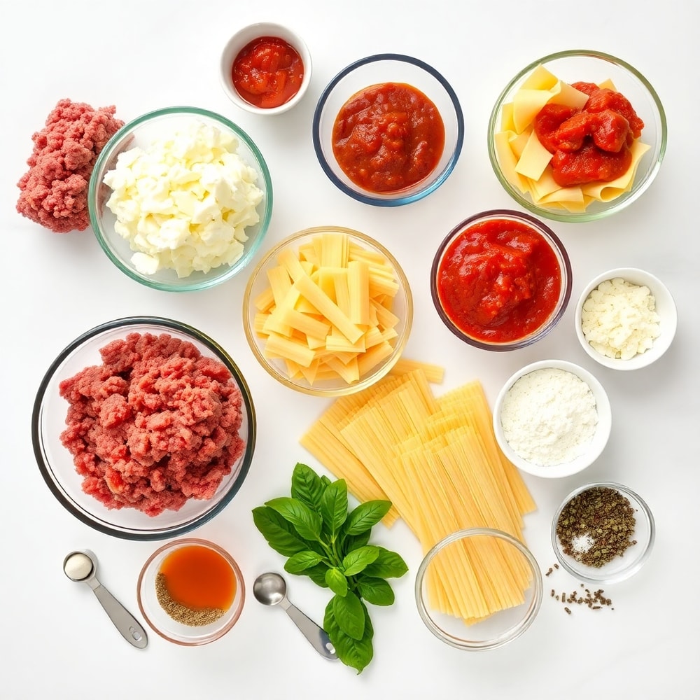 Raw ingredients for Million Dollar Lasagna including ground beef, Italian sausage, ricotta, mozzarella, and lasagna noodles