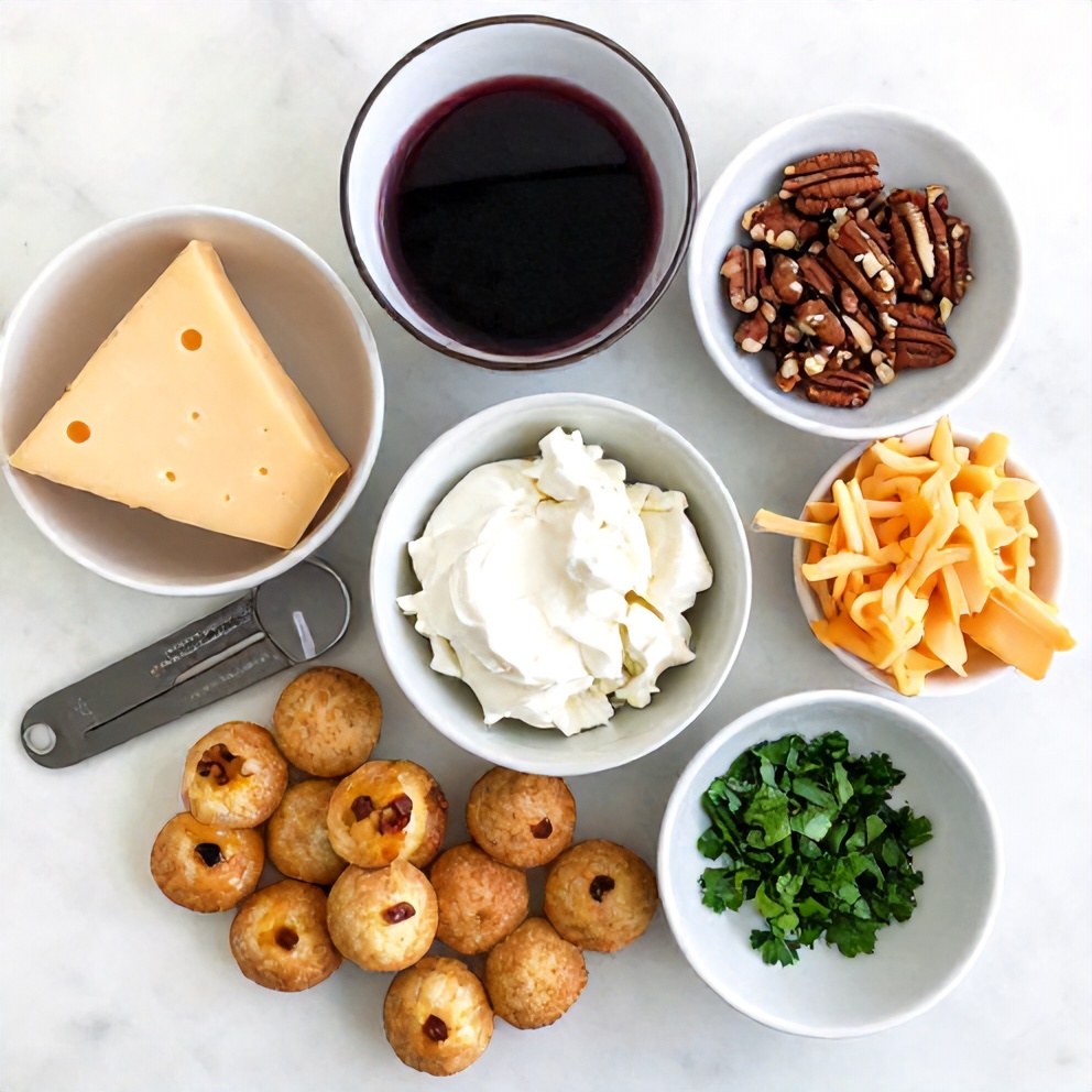 Raw ingredients for Mini Cheddar Port Wine Cheeseballs on a white marble surface