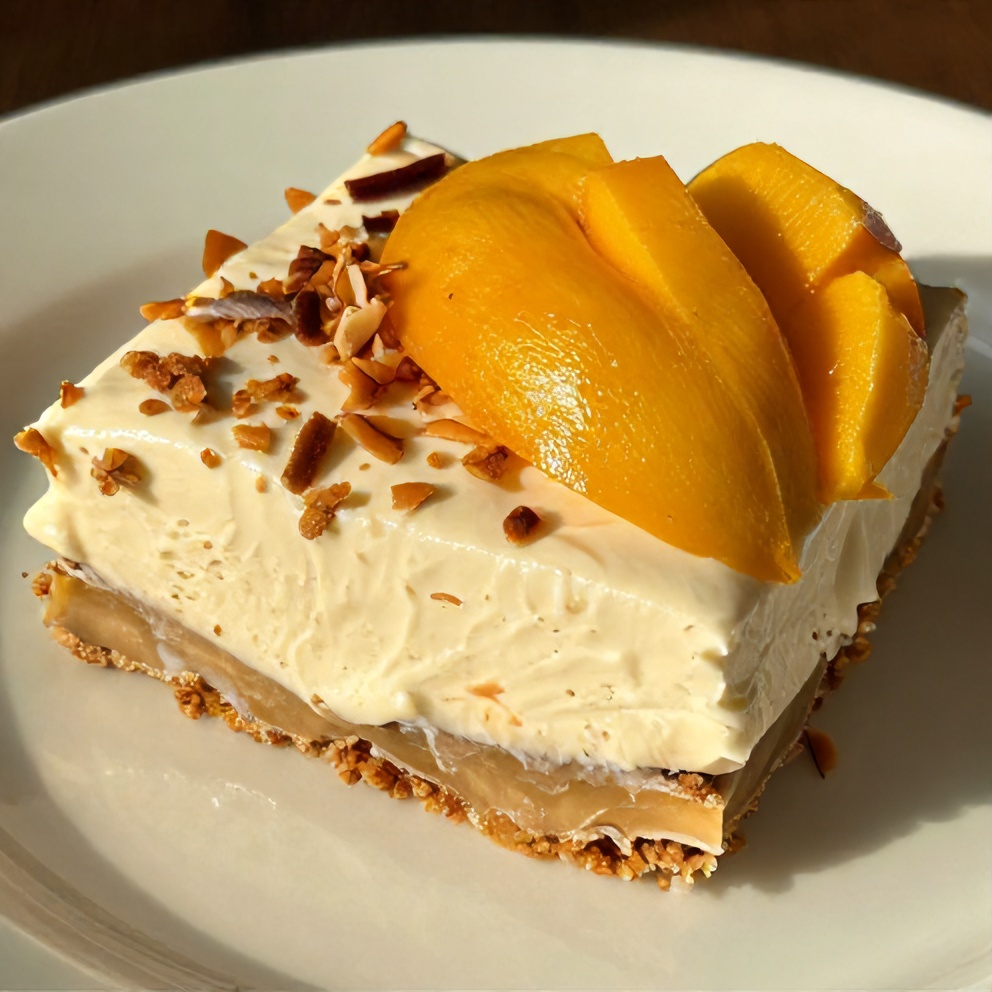 Plated serving of No-Bake Mango Coconut Cream Bars
