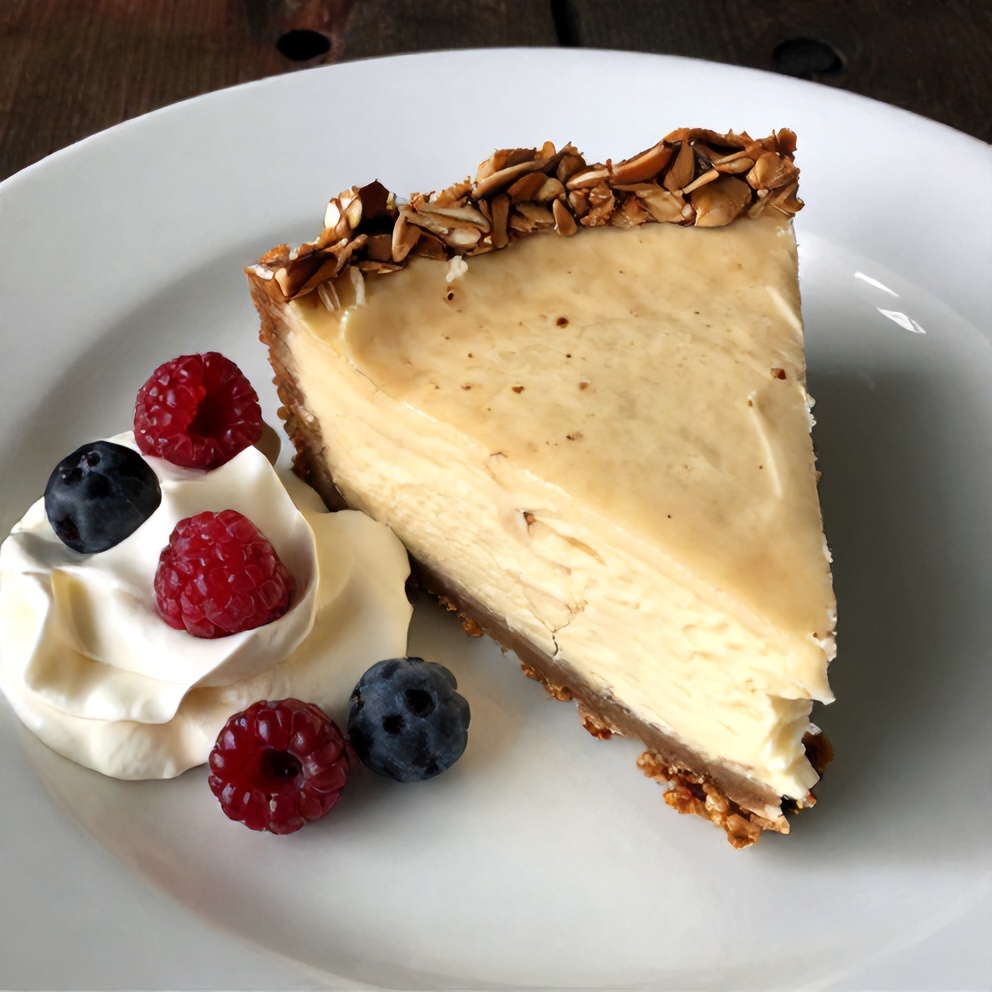 Sliced No Bake Oatmeal Cheesecake Pie on a plate with a dollop of whipped cream