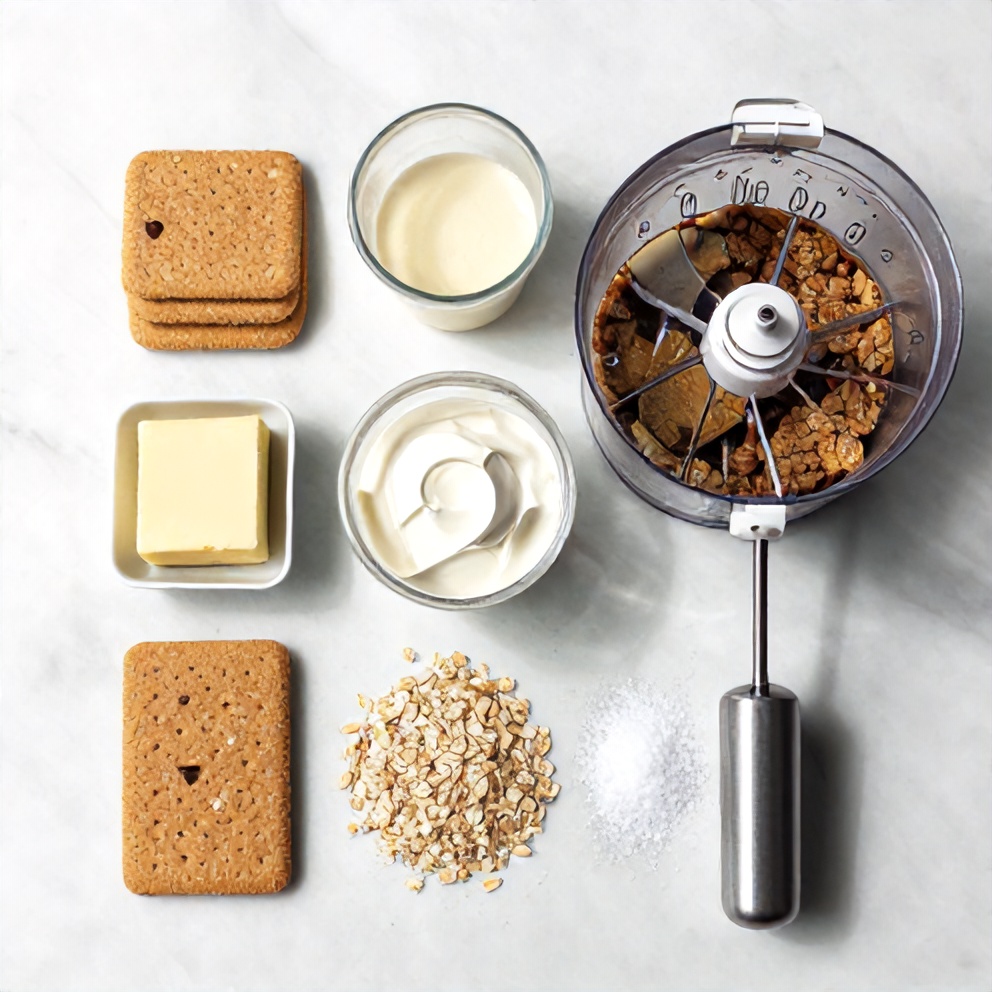 Raw ingredients for No Bake Oatmeal Cheesecake Pie including graham crackers, cream cheese, and oats