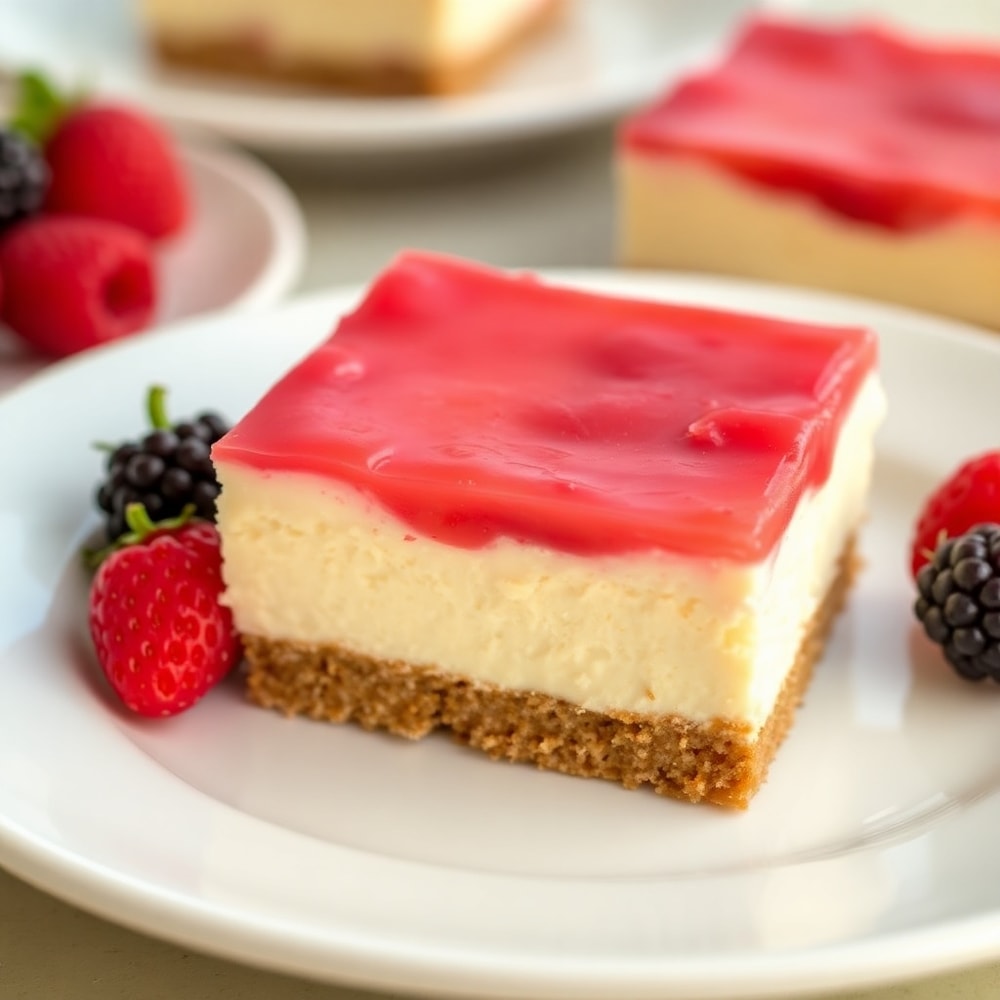 No Bake Rhubarb Cheesecake Squares on a plate