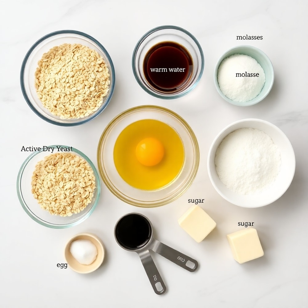 Ingredients for Oatmeal Molasses Rolls on a marble counter