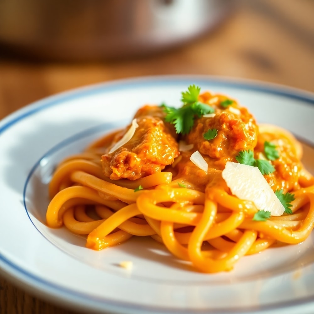 One-Pot Buffalo Chicken Pasta plated with fresh parsley and parmesan