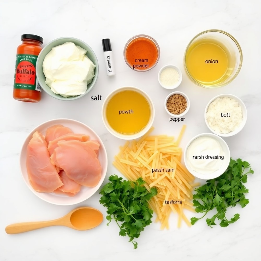 Raw ingredients for One-Pot Buffalo Chicken Pasta laid out on a wooden surface
