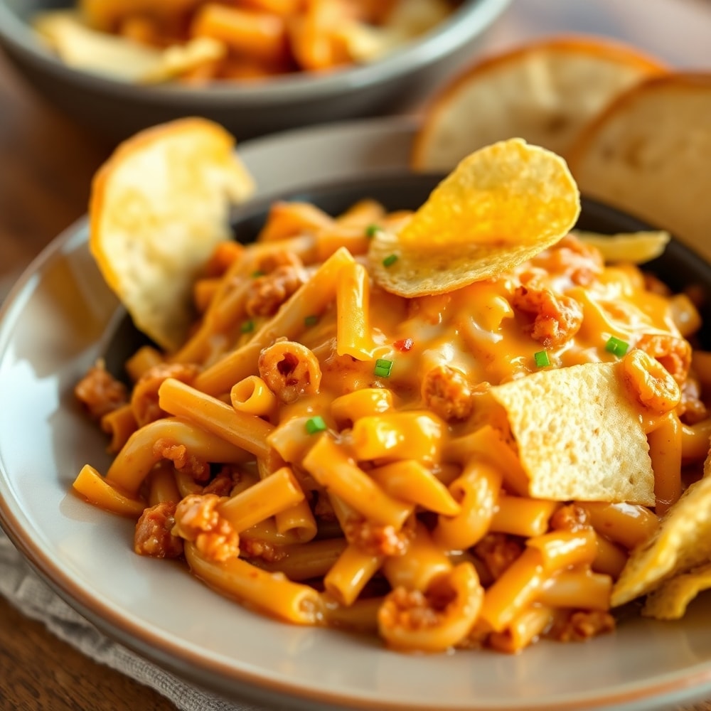 One pot cheesy taco pasta served in a bowl with a side of garlic bread