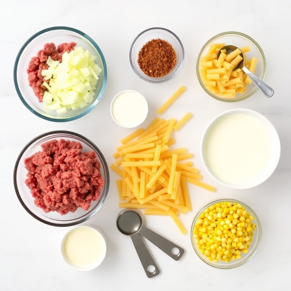 Raw ingredients for one pot cheesy taco pasta including ground beef, taco seasoning, and pasta