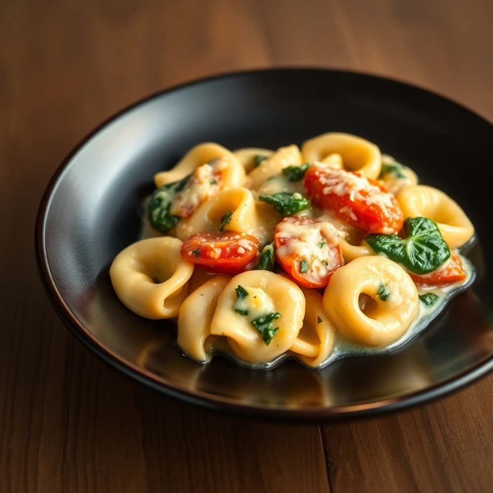 Plated Creamy Spinach Tomato Tortellini