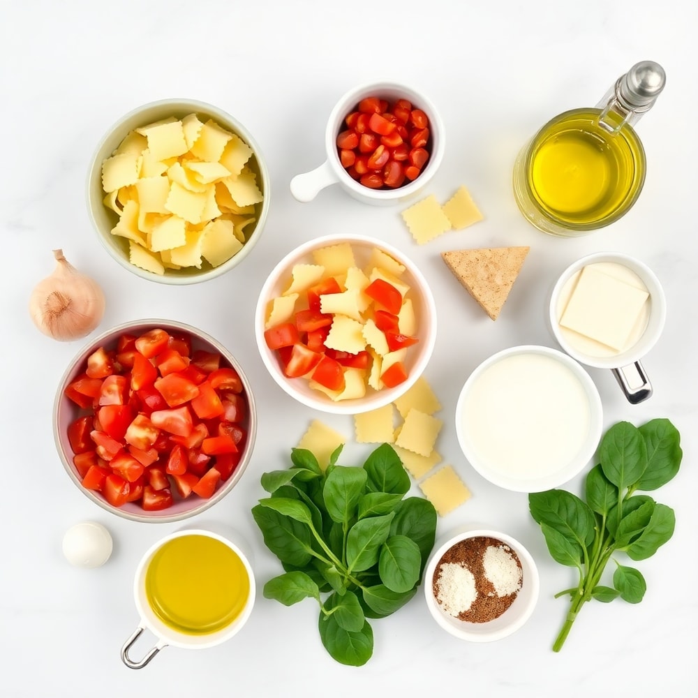 Raw Ingredients for Creamy Spinach Tomato Tortellini